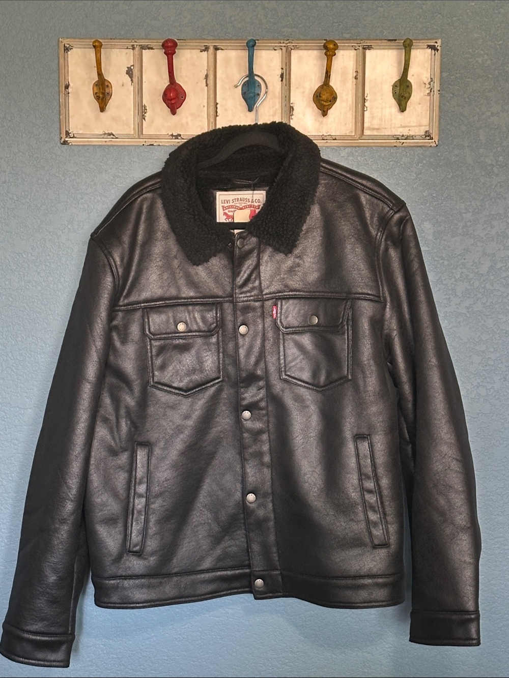 Levi's Black Faux Leather Sherpa Collar Trucker Jacket